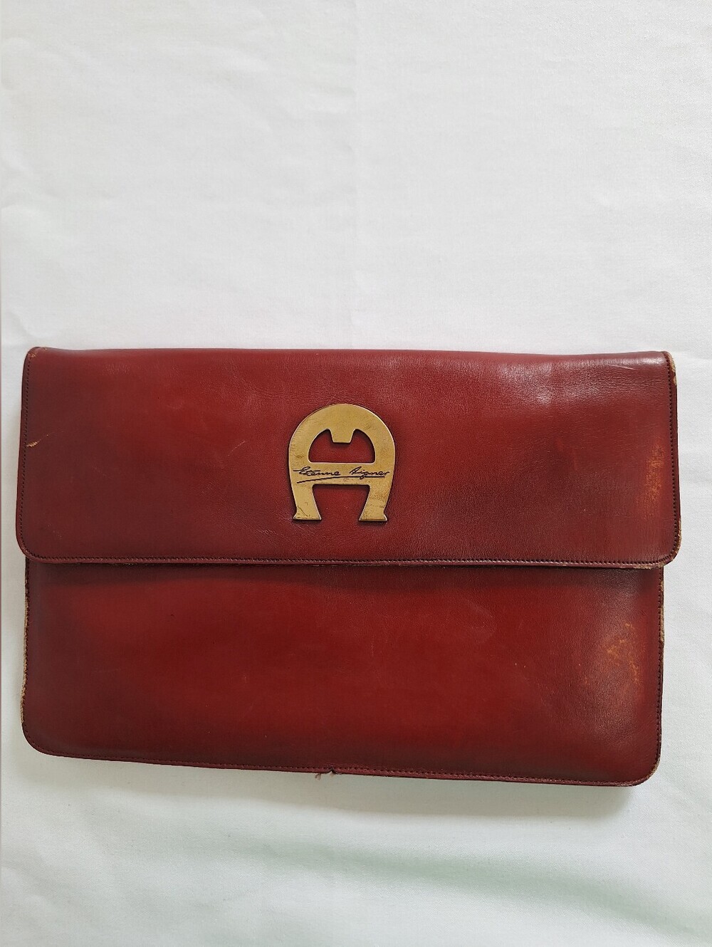 Vintage Etienne Aigner Red Leather Clutch with Gold Logo Accent